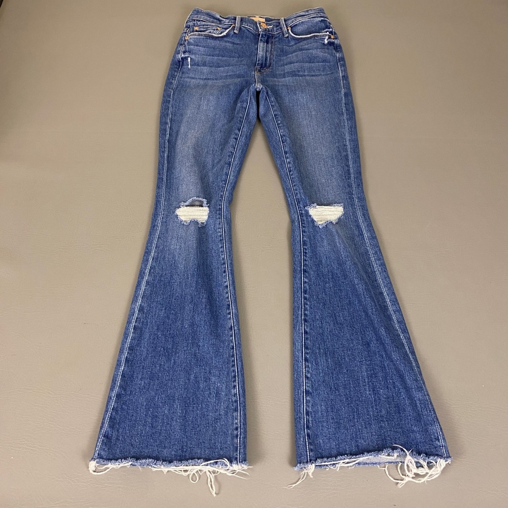 Mother The Weekender Fray Jeans Flared Size 25 Blue Six Packs On Me Distressed *